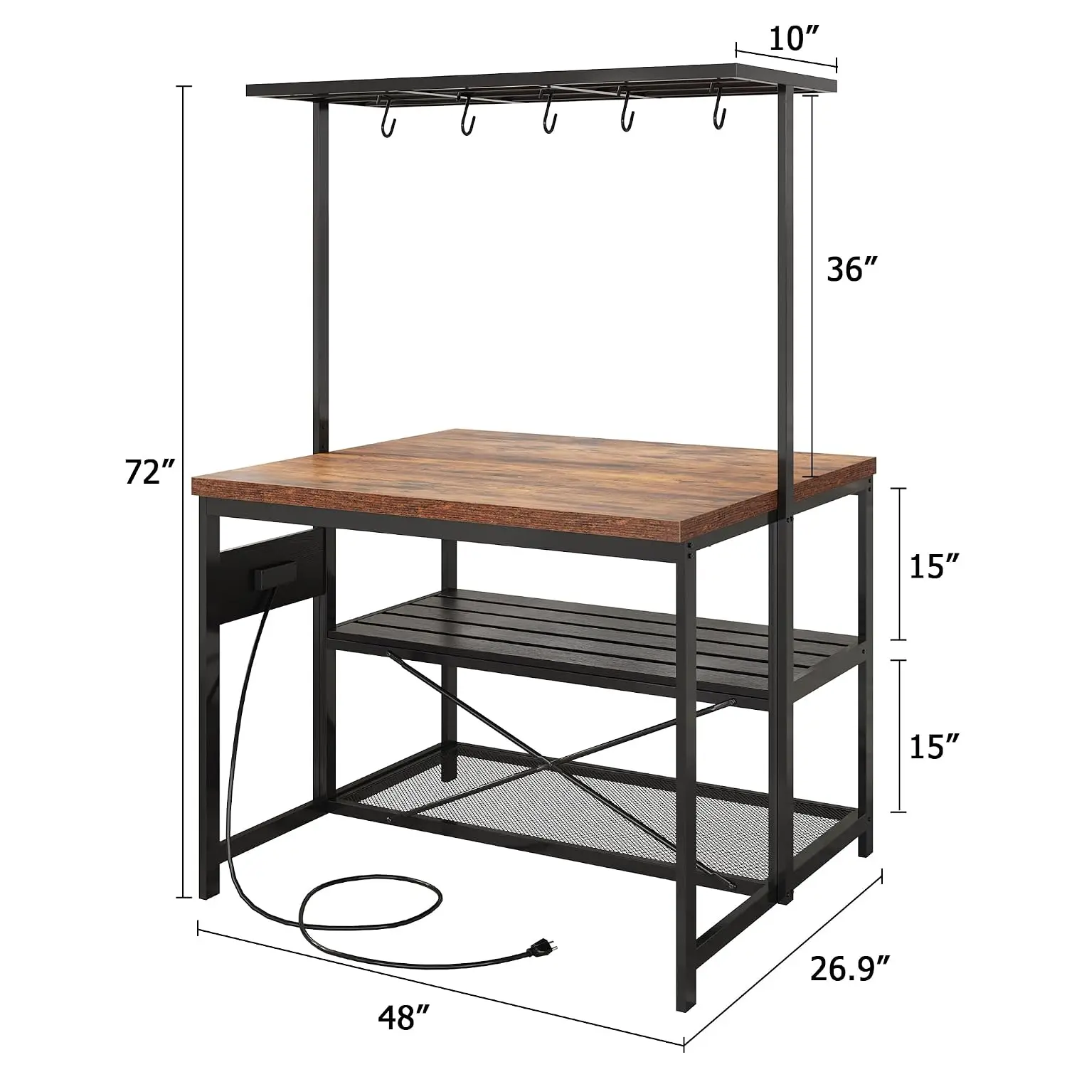 Kitchen Island 47" Storage Power Outlet Bakers Rack Microwave Stand 5 Hooks Industrial Coffee Bar Dining Living Room, Customized image 5