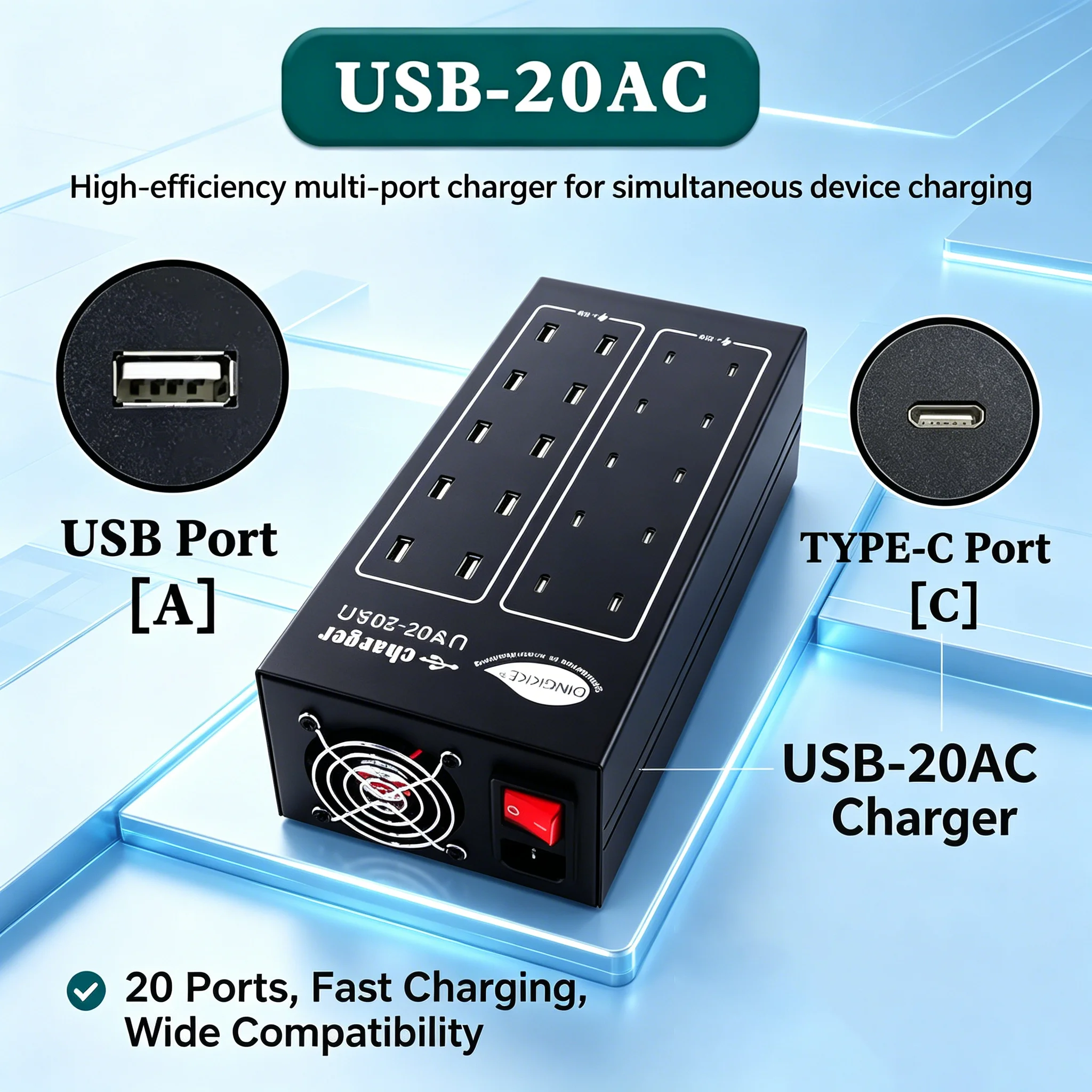 20 Ports Multi Port USB Charger High Wattage Desktop Storage Charger Safe Fast Charging Station For Phones Tablets
