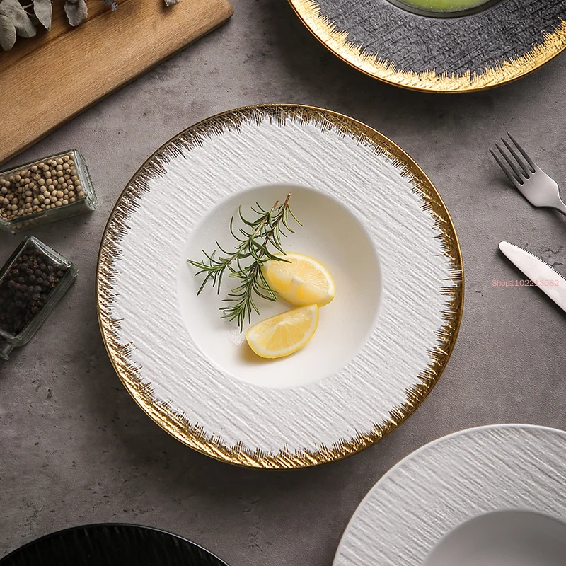 

Solid Color Frosted Golden Round Ceramic Straw Hat Plate Restaurant Hotel Steak Western Deep Fruit Salad