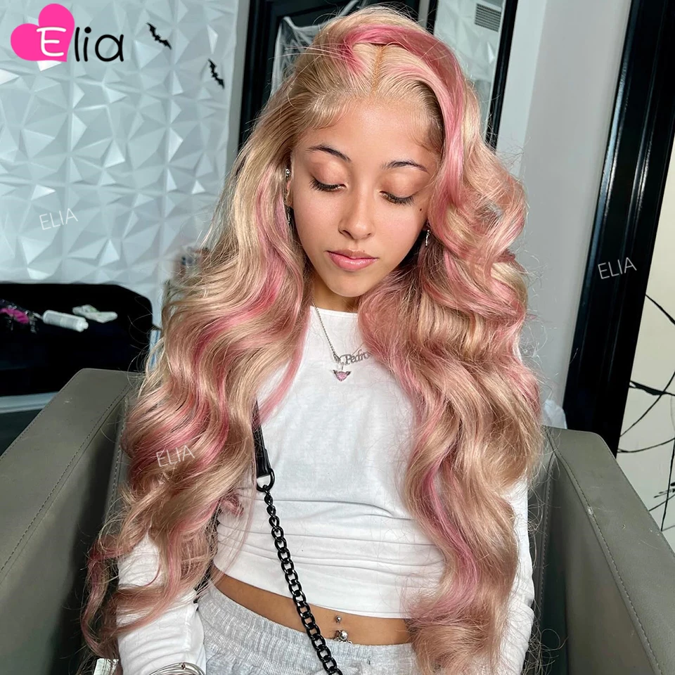 Pink Lighter Brown Highlight Lace Front Wig Stripe Pink Body Wave Lace Frontal Human Hair Wigs 5x5 Lace Closure Wigs Elia Hair