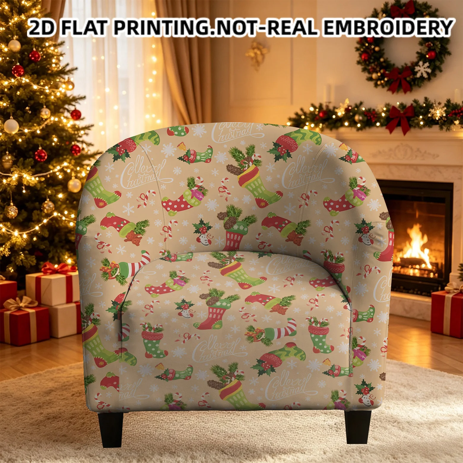 Christmas seamless full cartoon socks candy canes floral printed armrest sofa cover, 2D printed elastic single club sofa cover