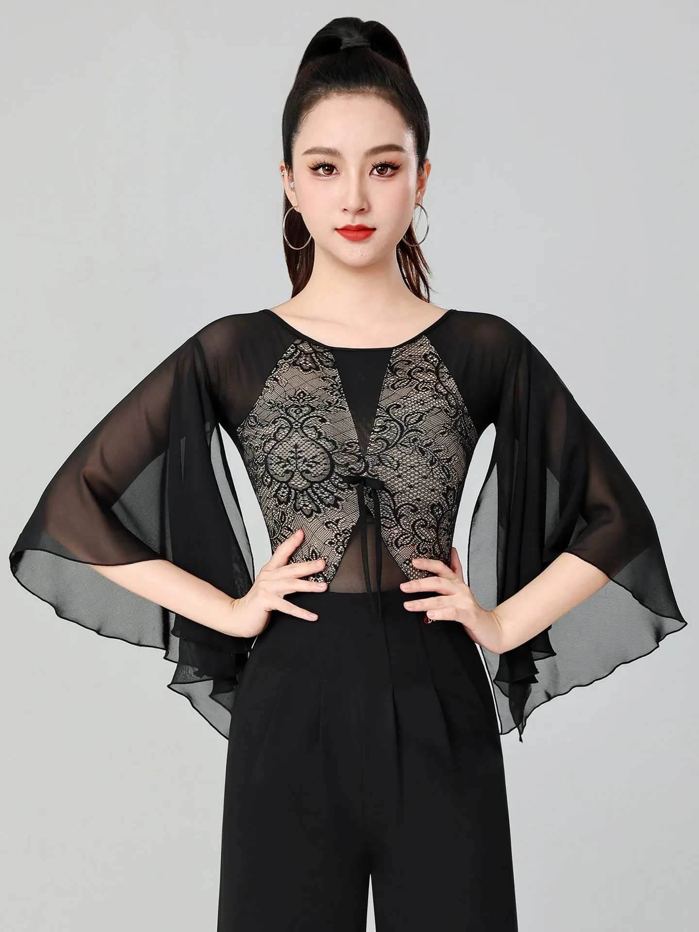 Leotardo de danza moderna, corpiño de manga flotante de encaje, Top de baile de salón de vals, ropa de baile latino