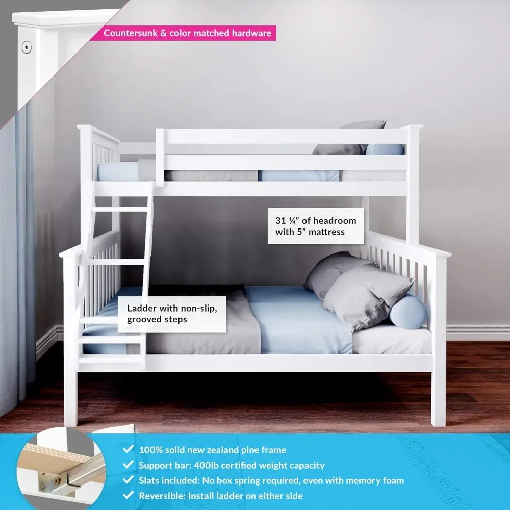 Bunk Bed Twin Over Full Size with Ladder Solid Wood Platform Bed Frame with Ladder for Kids 14