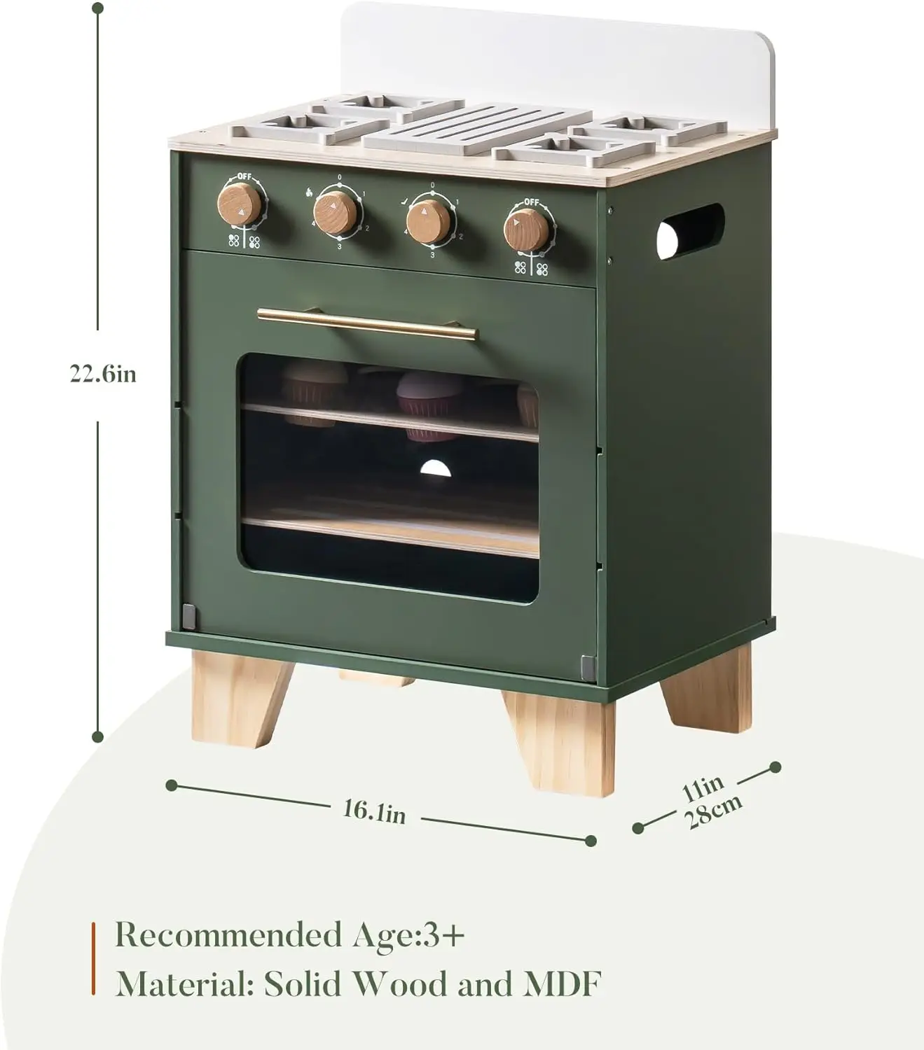 Robotime Robud Juego de cocina con horno de juguete de madera, verde vintage, con comida para juego, juego de cocina con horno para niños y niñas