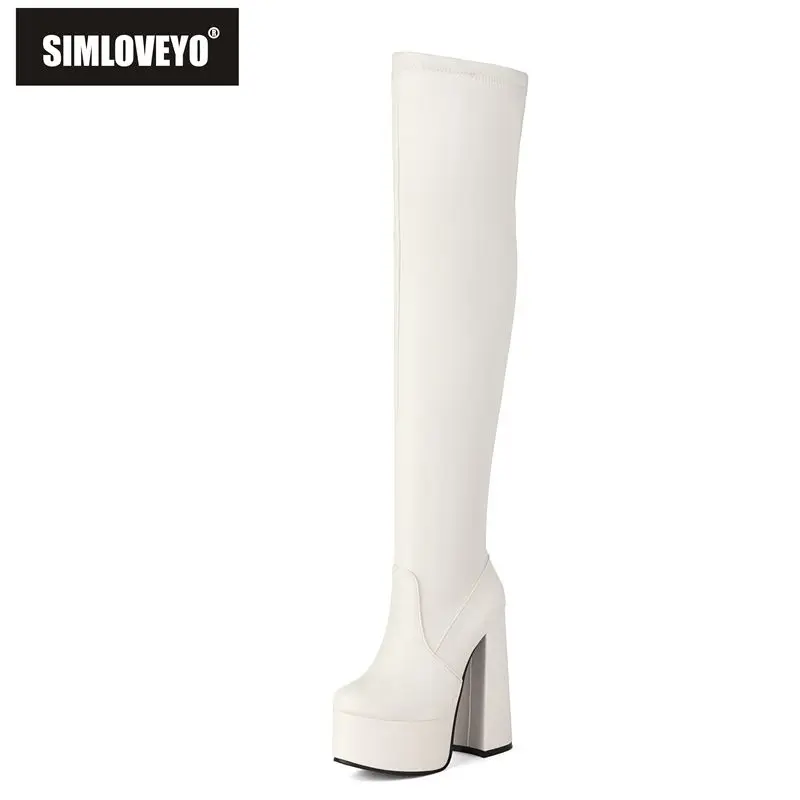 

SIMLOVEYO 2025 Stretch Female Boots Round Toe Block Heels 14.5cm Platform 5cm Zipper Plus Size 45 46 47 Sexy Dating Party Bota