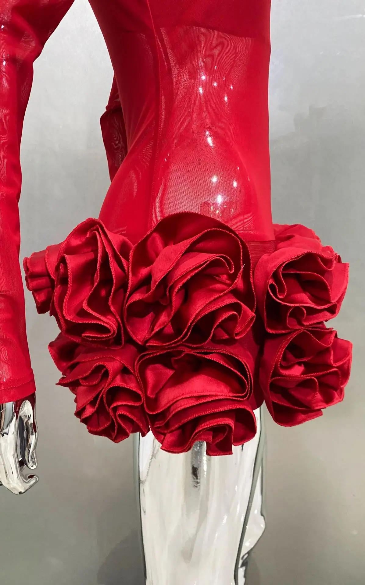 Seksowna Przezroczysta Sukienka Mini z Siateczki z Bufiastymi Rękawami, Czerwona, Seksowna Sukienka na Imprezę Urodzinową