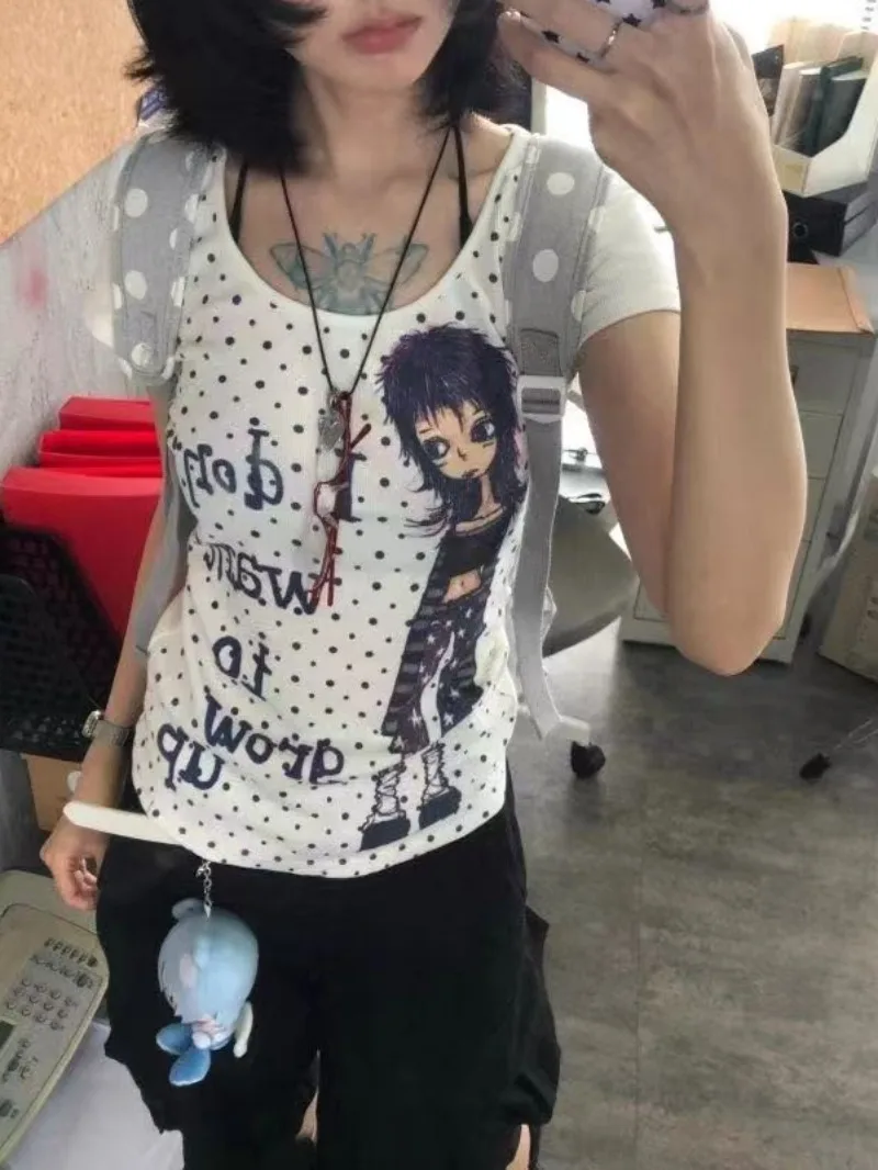 Japanese Y2k Tops Summer Kawaii Harajuku Style Retro Dots Funny Graphic Print T-Shirt Cute Gyaru Slim Fit Cool Tees 2025 New In