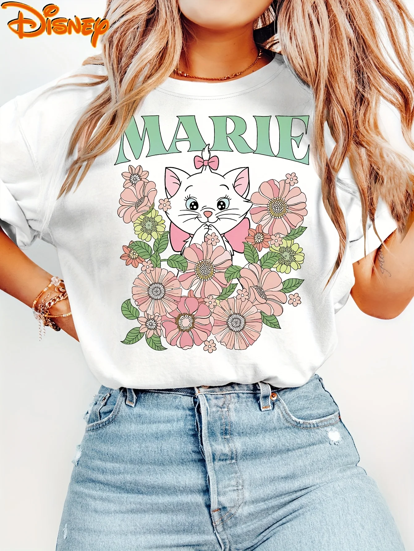 تي شيرت ديزني الرسمي الكلاسيكي 90s The Aristocats Marie للسيدات - تي شيرت ريترو بيج ناعم مع طباعة زهور Marie & Duchess