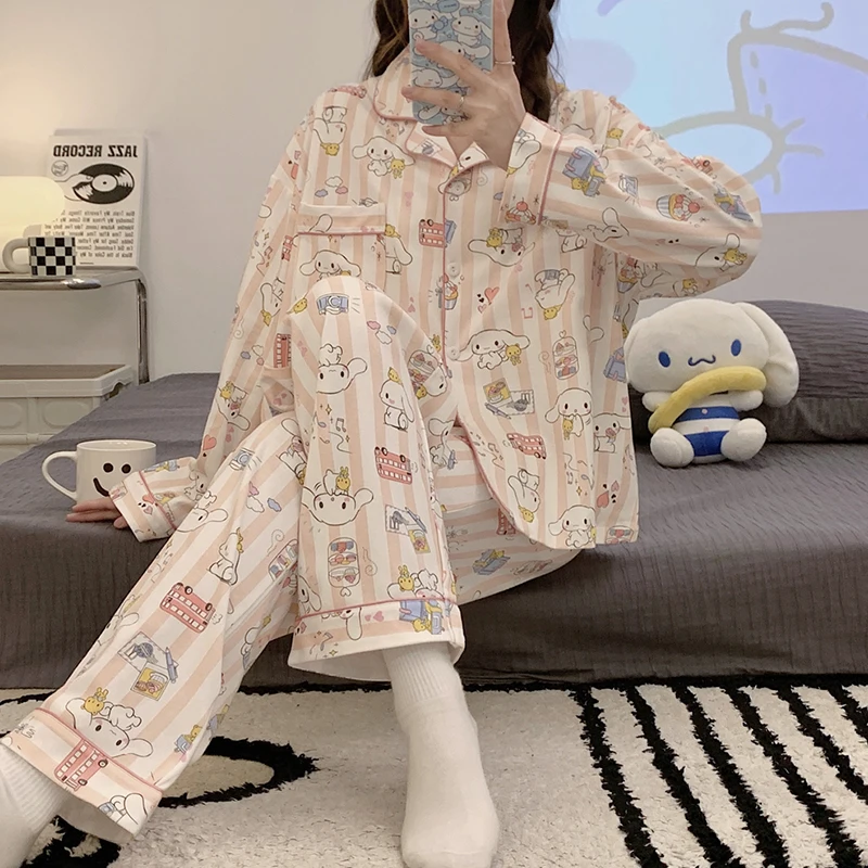 Yugui dog pajamas autumn new pure cotton long-sleeved lapel two-piece set cartoon loose Sanrio loungewear women's pajamas