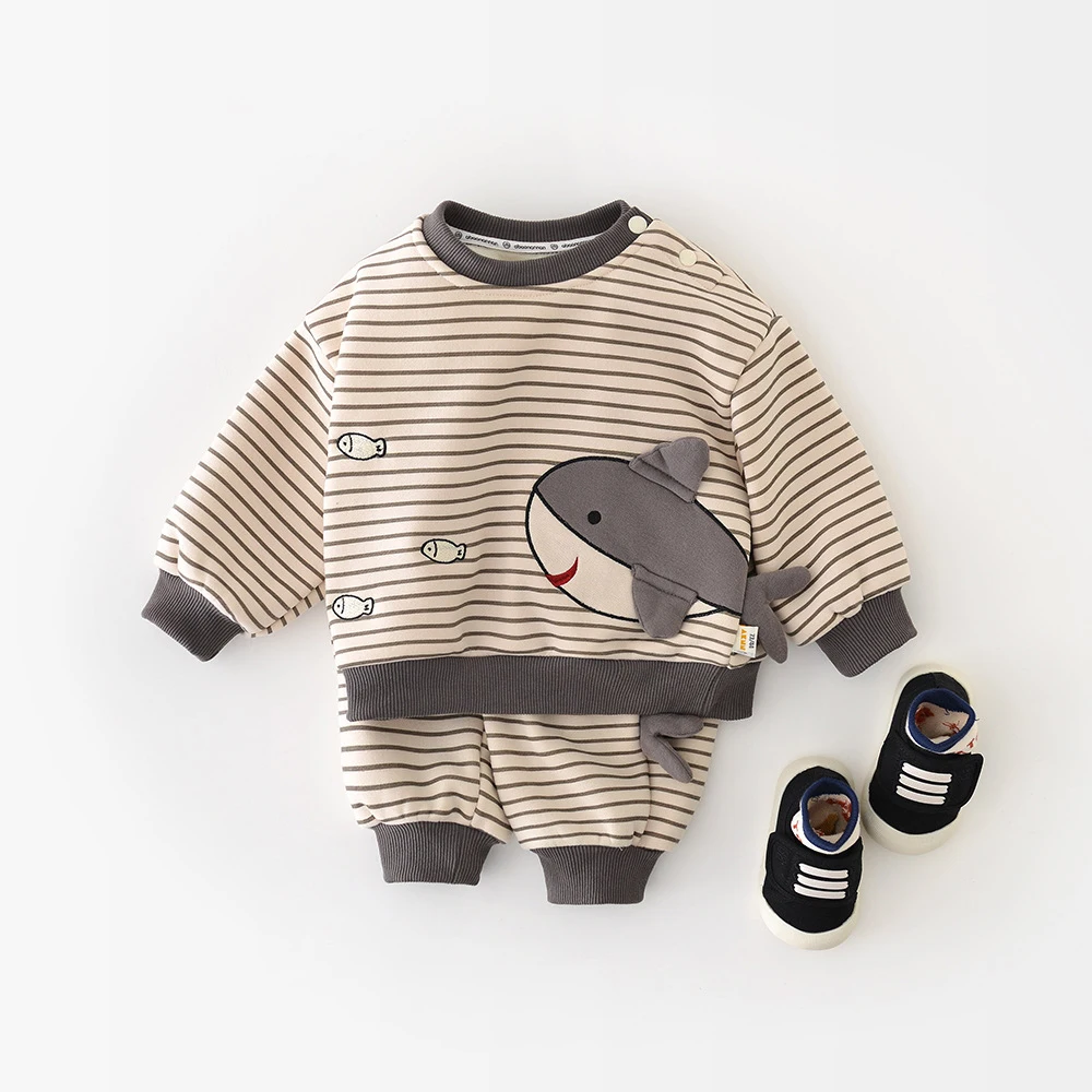

LILIGIRL Winter Baby Clothes Set Cartoon Shark Girls Infant Stripe Hoodie +Pants Fleece Padded Loose Toddler Outfit 2PCS 6M-3Y