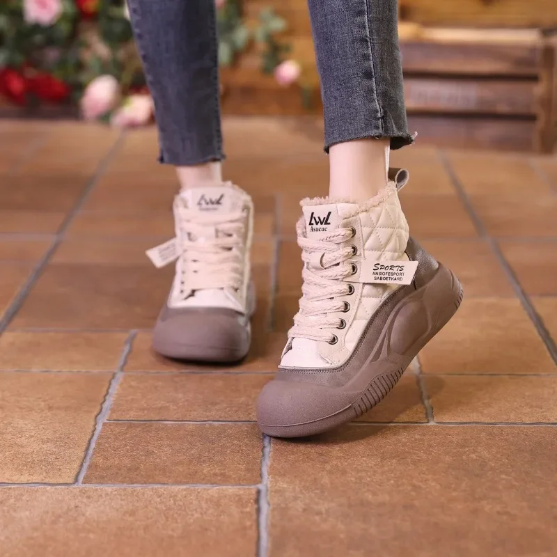 2024 Brand Ladies Shoes Lace-up Women's Vulcanize Shoes Fashion Color Matching Winter Short Plush Keep Warm High Top Flat Shoes