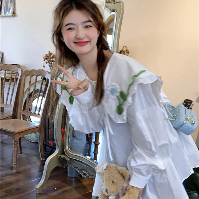 

Sweet Flower Lace Up Ruffles Lapel Shirt Women 2025 Spring Fashion Loose Long Sleeve Blouses Kawaii Casual Tops Mujer