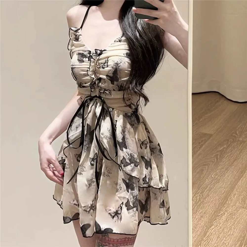 Vintage Butterfly Print Korean Swimwear Backless One Piece Swimsuit Holiday Mini Dress Culottes Ruffled Mesh Bodysuit Beach Wear