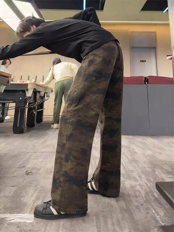 

American Retro Camouflage Men's Jeans Spring Winter New Versatile Straight Leg Micro Flared Pants Casual ex Denim Jeans