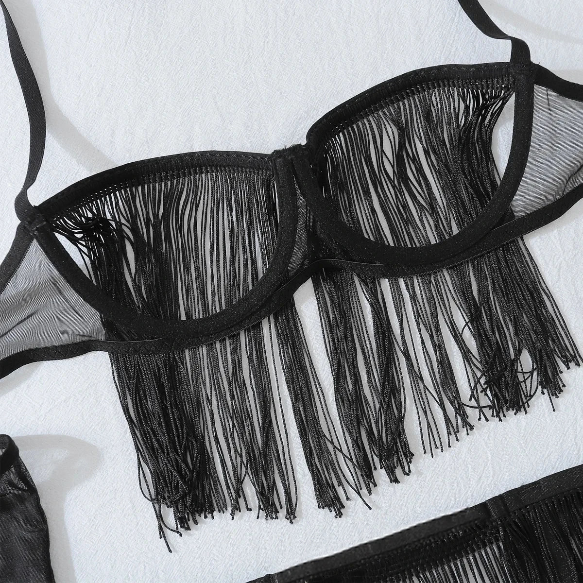 Conjunto de lingerie sexy com franjas transparentes de renda vazada, conjunto de seis peças de sedução de tentação sem remoção