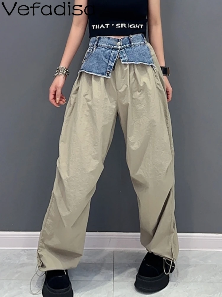 Vefadisa 2025 Summer New Casual Denim Splicing Work Suit Straight Leg Pants Fashion Personalized Women's Wear Khaki Jeans ZY1910