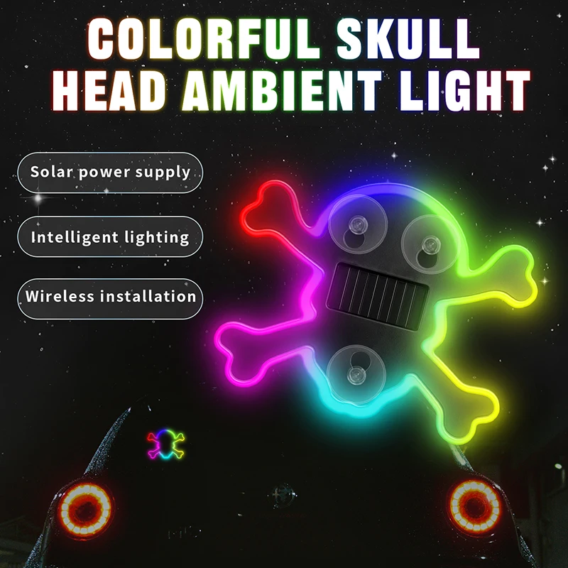 1PC Solar Power Skull LED Car Ambient Light Dynamic Rear Windshield Light Funny Halloween Party Car Interior Exterior Decorative