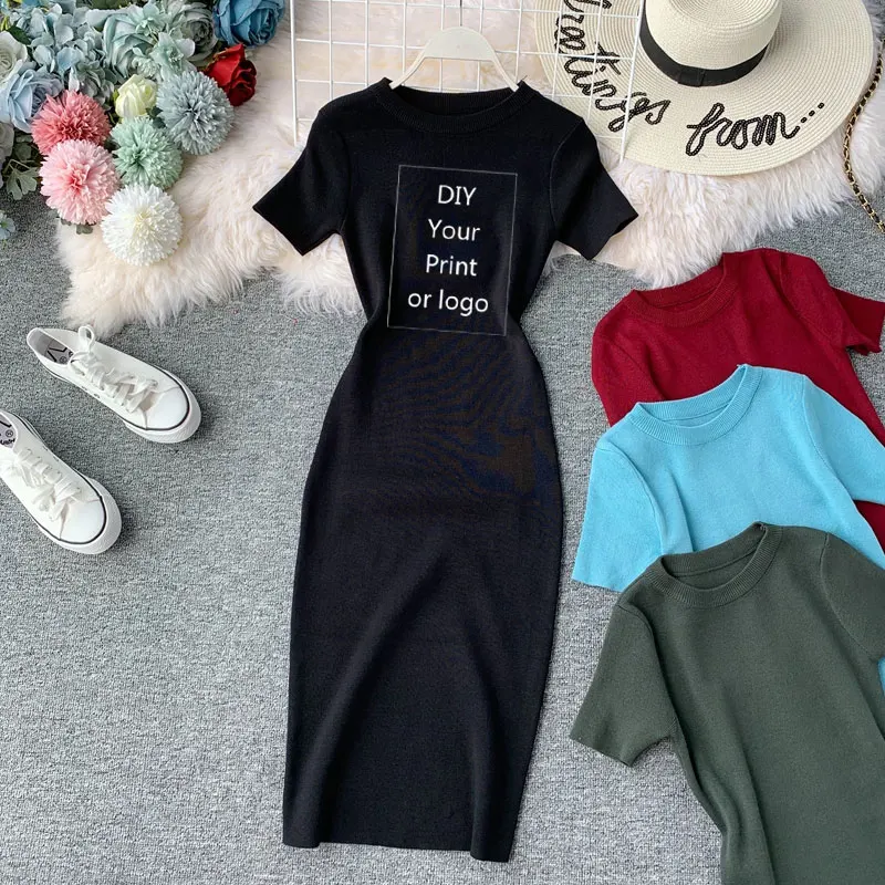 Nowość DIY twoje zdjęcie lub Logo nowa koszulka z krótkim rękawem jednokolorowa klasyczna sukienka dla kobiet koreańska dzianina rozciągliwa talia elegancka sukienka O Neck Mini