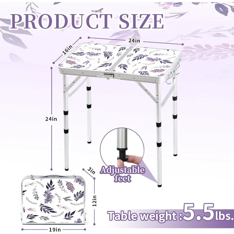 طاولة تخييم قابلة للطي بطول 2 قدم، طاولة نزهة محمولة قابلة للتعديل، ارتفاع طاولة بطاقات صغيرة من الألومنيوم قابلة للطي وخفيفة الوزن مع حمل هان