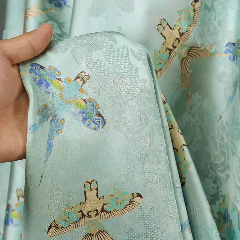 Light Cyan Swallow Kite Goldfish Print New Chinese Style Blouse Hanfu Dress Qipao Jacquard Blended DIY Fabric Clothing Textile