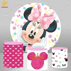 Baby Minnie Mouse Round Backdrop for Girl Birthday Party Decoration Hot Pink Dots Cylinder Covers Newborn Baby Shower Background