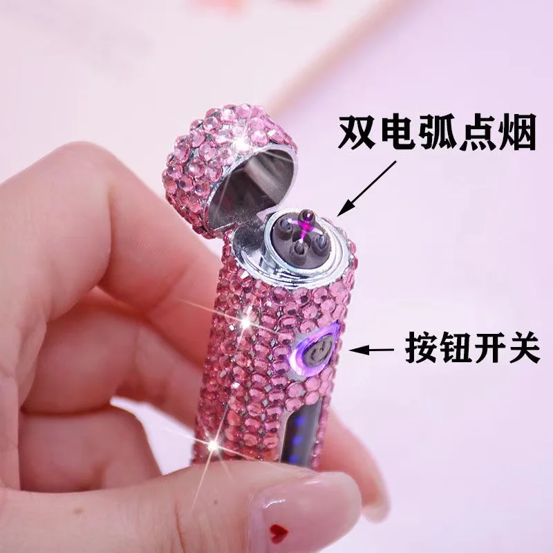 Rhinestone Touch Screen USB Lighter Diamond Luxury Rechargeable Cigarette Lighter Windproof Portable Silent High-end Ladies Gift