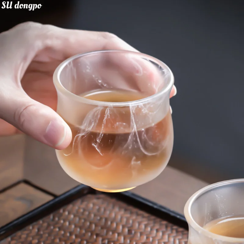 White Floating Flower Glass Tea Cup Transparent Frosted Glaze Jade Porcelain Fuman Teacup Chinese Style Tea Set