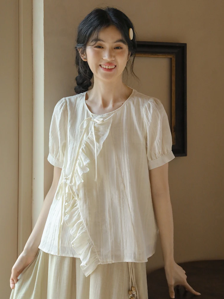 

Nesoulum Women's Loose ort Sve irt Summer Vintage White Lace Design Casual Commute Sle round Ne Bubble Sve