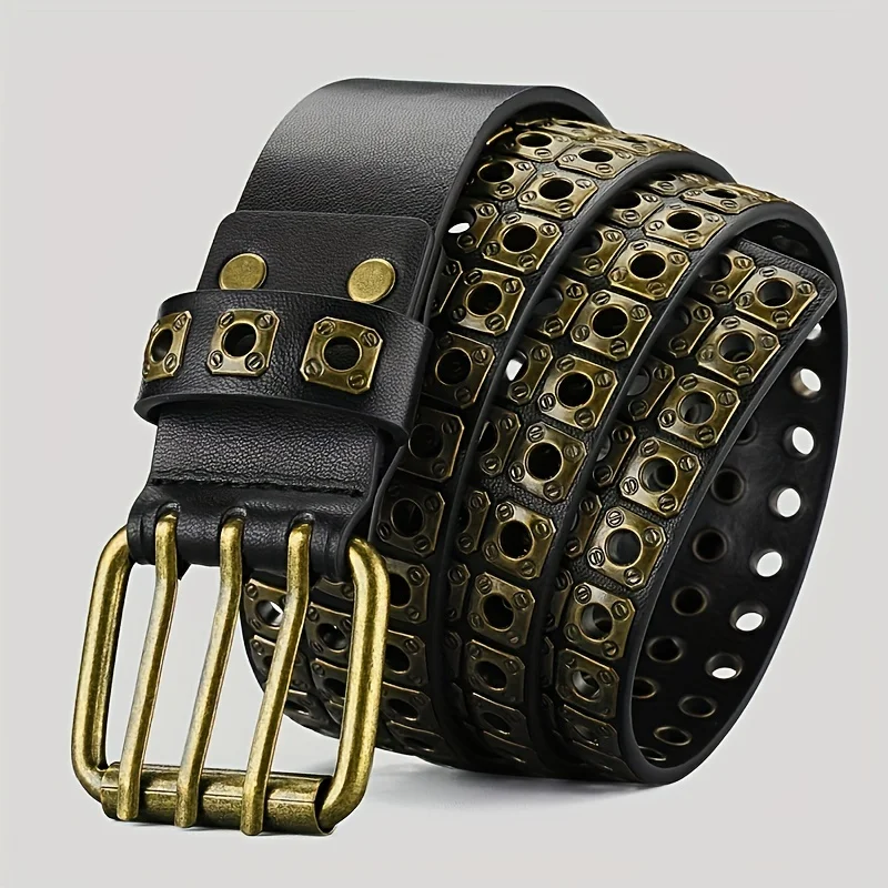 Retro Square Rivet Men\'S Belt With Double Row Needle Buckle Women\'S Belt Hip-Hop Rock Punk Y2k Style Jeans Men\'S And Women\'SBelt