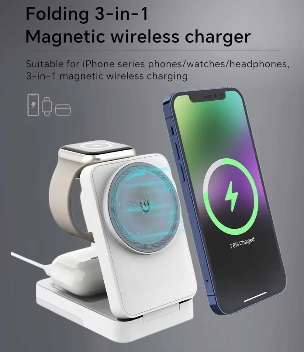 3-in-1 Wireless Magnetic Charger Station for MagSafe  iPhone17 16 15 14 13 12/ AirPods Pro3/2/ Apple Watch 11-2 SE Fast Charging