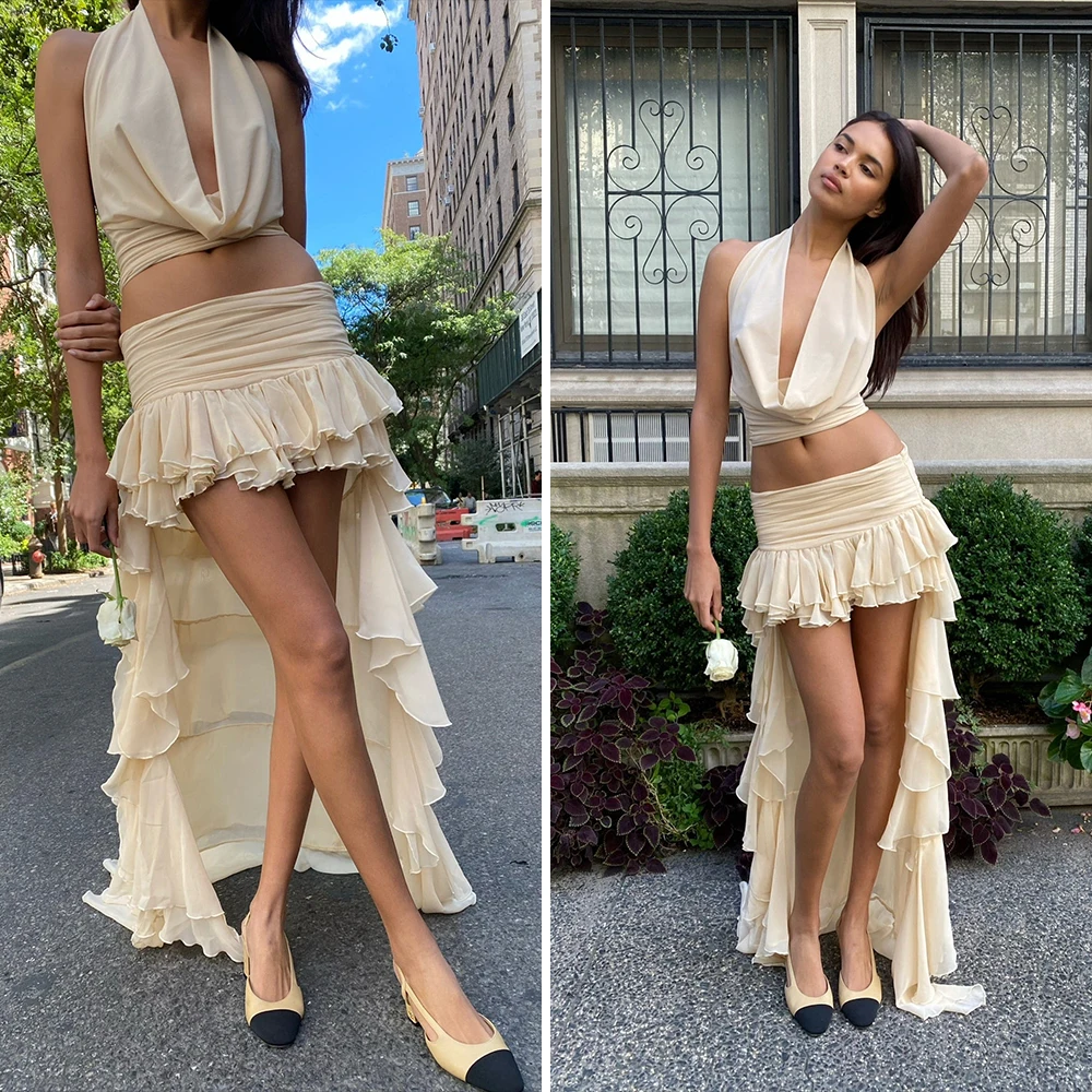 Womens 2 Piece Skirt Sets Drape Neck Halter Backless Crop Tank Top Flowy Ruffle Layer Maxi Skirts Vacation Going Out Outfits