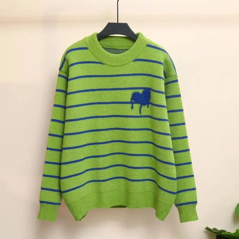 Women Clothing Elegant Fashion Green Striped Sweater Autumn Winter Korean Version All-match Loose Sweater O-neck Long Sleeve Top