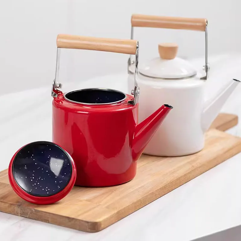 

Enamel Thickened Kettle Wood Handle Cool Kettle Induction Cooker Gas Universal Coffee Brewing Milk Tea Kettle