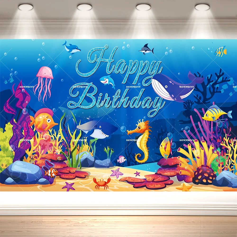 Dewprint Cartoon Underwater Shark Birthday Backdrop Dolphin Octopus Coral Seaweed Ocean Birthday Party Banner Decor Supplies