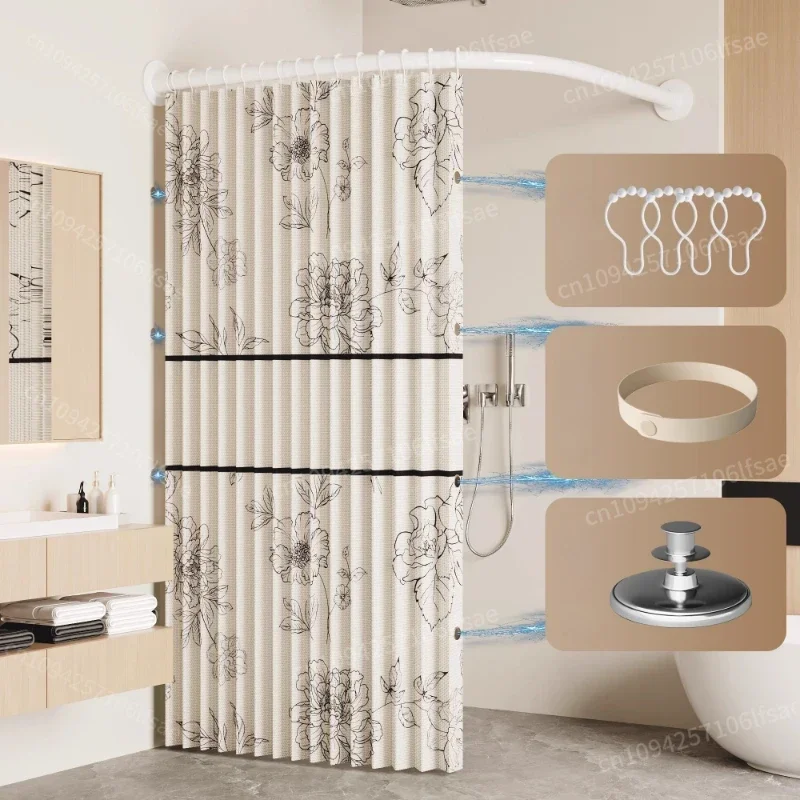 Printing Waterproof L-shaped Foldable Curtain Shower Partition Curtain Curved Shower Curtain Folding Invisible Set Perforation