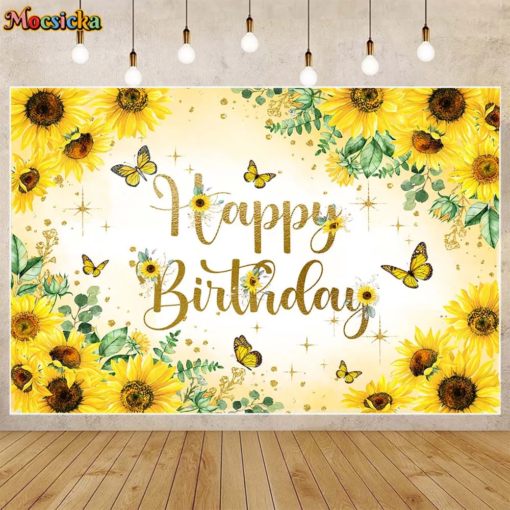 Mocsicka Sunflower Theme Birthday Background Yellow Butterfly Sunflower Green Leaves Child Birthday Party Decor Backdrops Banner