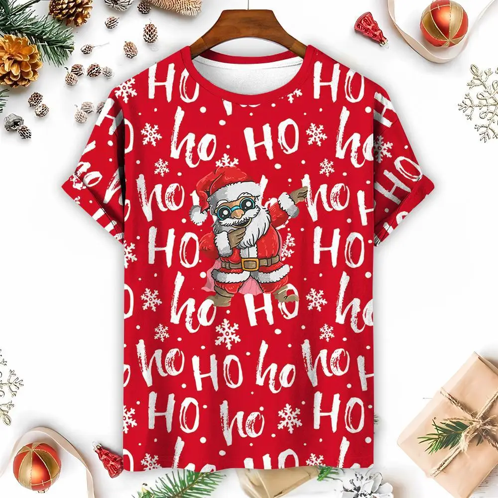 

Santa Claus Print Men's T-Shirts Cartoon Christmas Elk Pattern Tees Casual O-neck Loose Short Sleeve Tops Unisex X'mas Clothing