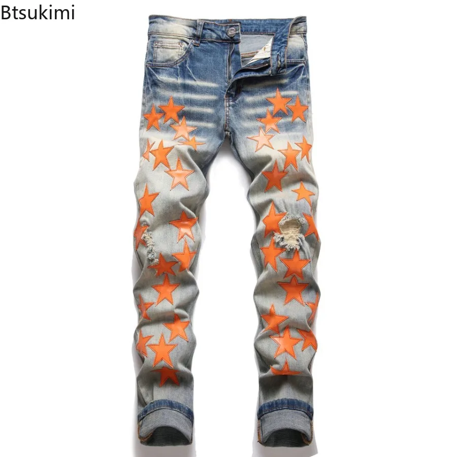 2024 New Fashion Men's High Street Stars Patchwork Jeans Slim Stretch Holes Ripped Denim Pants Streetwear Distressed Jeans Male