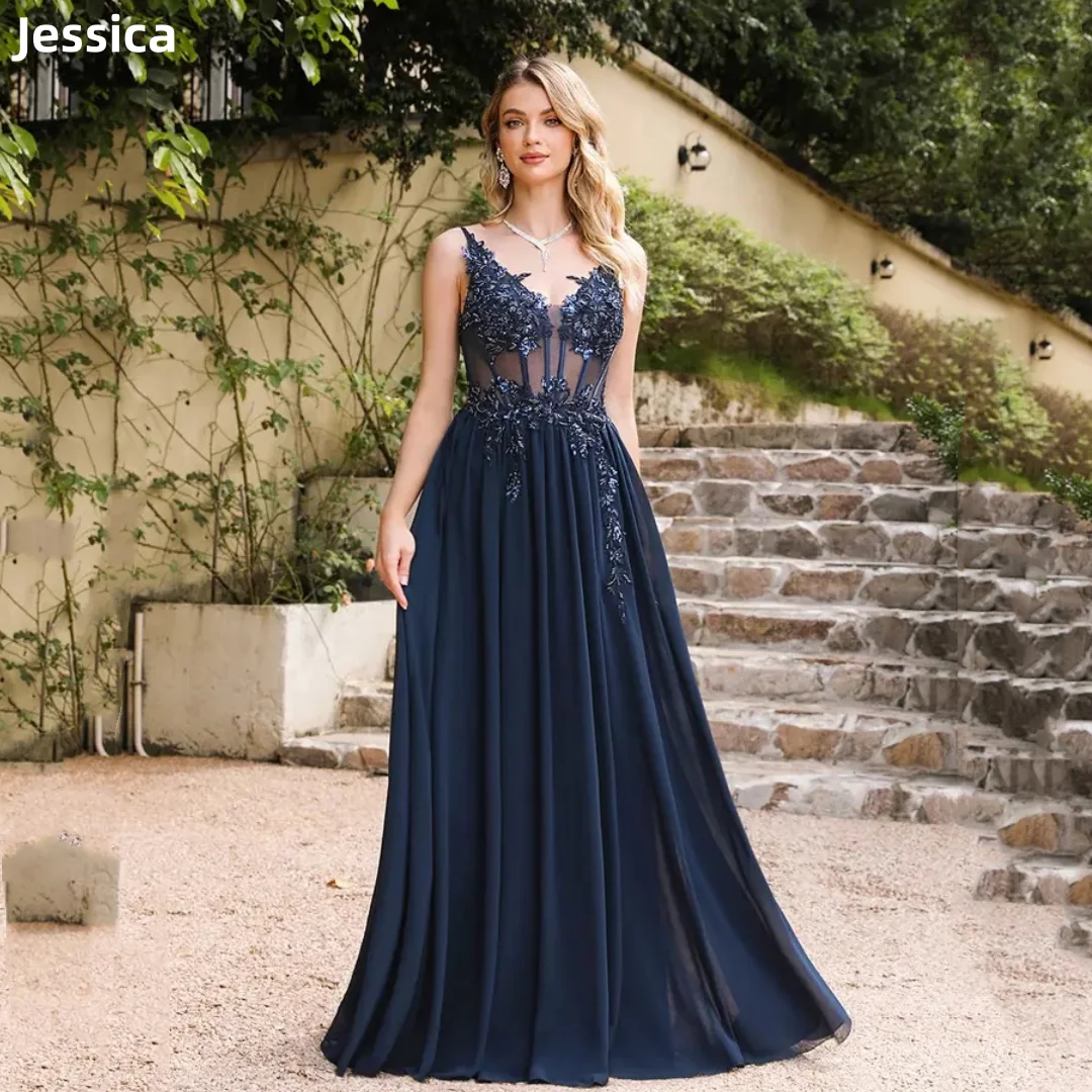 

Jessica Navy Blue Wedding Dress Luxury Beads Tulle Layered Embroidery Prom Dresses Elegant Evening Dresses Vestidos De Fiesta