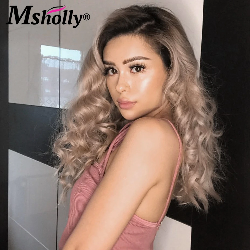 13X4 Lace Frontal Transparent Wig Ash Blonde Body Wave Lace Front Wig 180% Density Ombre Remy Human Hair Wigs Dark Roots Wigs