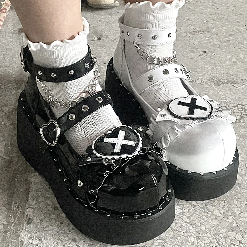 Gothic Sweet Lolita Women's Solid Color Round Toe High Heels Spring and Autumn Y2K Punk Metal Decorative Chain Platform Shoes