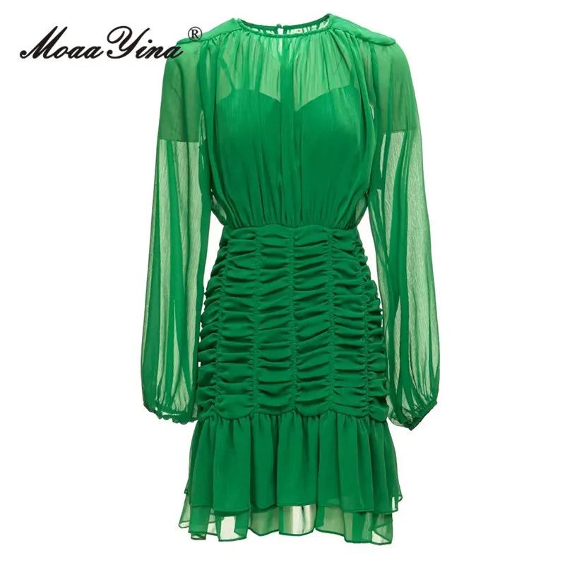 MoaaYina Summer Fashion Designer Vintage Perspective Chiffon Dress Women's O-Neck Long Sleeve Ruched Ruffles Green Mini Dresses