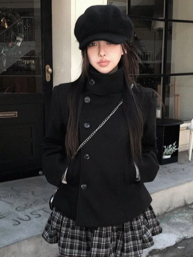 Retro Stand Collar Short Black Woolen Jacket Women's Slimming Autumn Winter Fashionable Small Size Tweed Top
