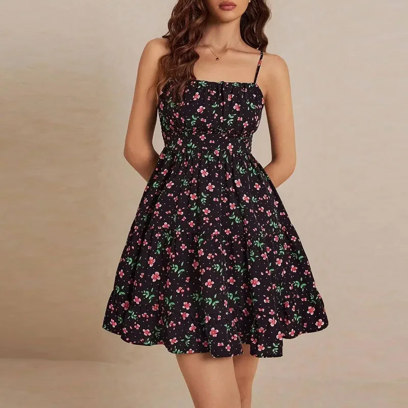 2025 neue Sommer Schwarz Druck Spaghetti Strap Frauen Kleid Kleider für Frauen A-LINE Kurzes Kleid Frauen Vestidos De Verano Mujer q38