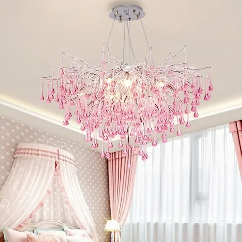 Creative Tree Branch Chandelier for Bedroom Girl Room Decoration Hanging Lamp Lovely Cute Pink Blue Pendant Lighting Fixture