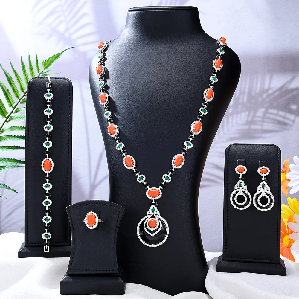 

Jimbora New Turquoise Black Dubai Bridal Jewelry Set For Women Wedding Party Nigerian African Necklace Earring Set