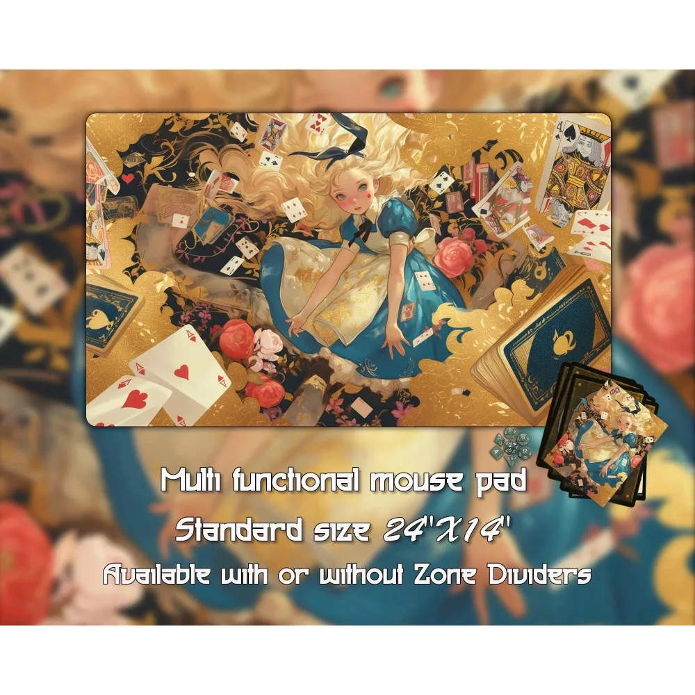 MTG Playmat, Golden Alice Scene TCG Custom Game Mat With Zones desk accessories alfombrillas para escritorio tapis de souris