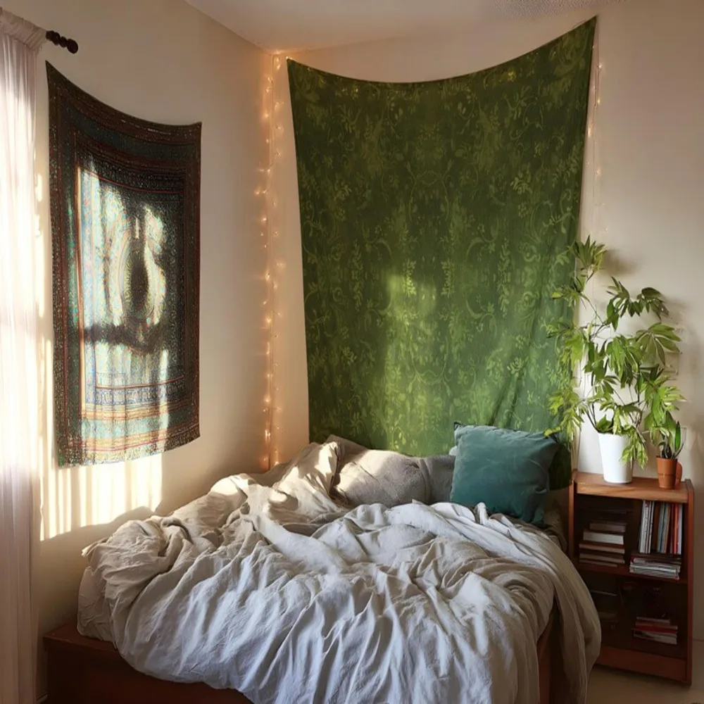 Grüner, frischer Cottage-Stil, kleiner Blumen-Wandteppich, Boho-Wandbehang, Heimdekoration, Schlafzimmer, Wohnzimmer, Akzent
