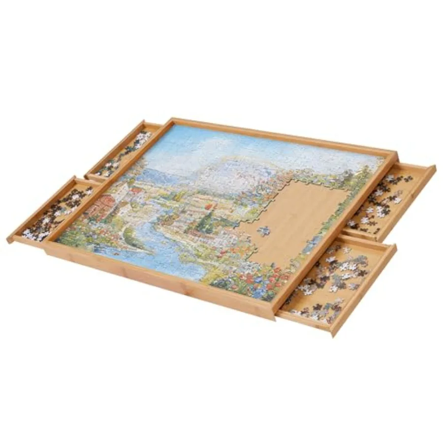 

Jigsaw Puzzle Table for Adults: Bamboo Puzzle Board with Drawers and Turntable, Natural Color, Easy Storage Organization for 15