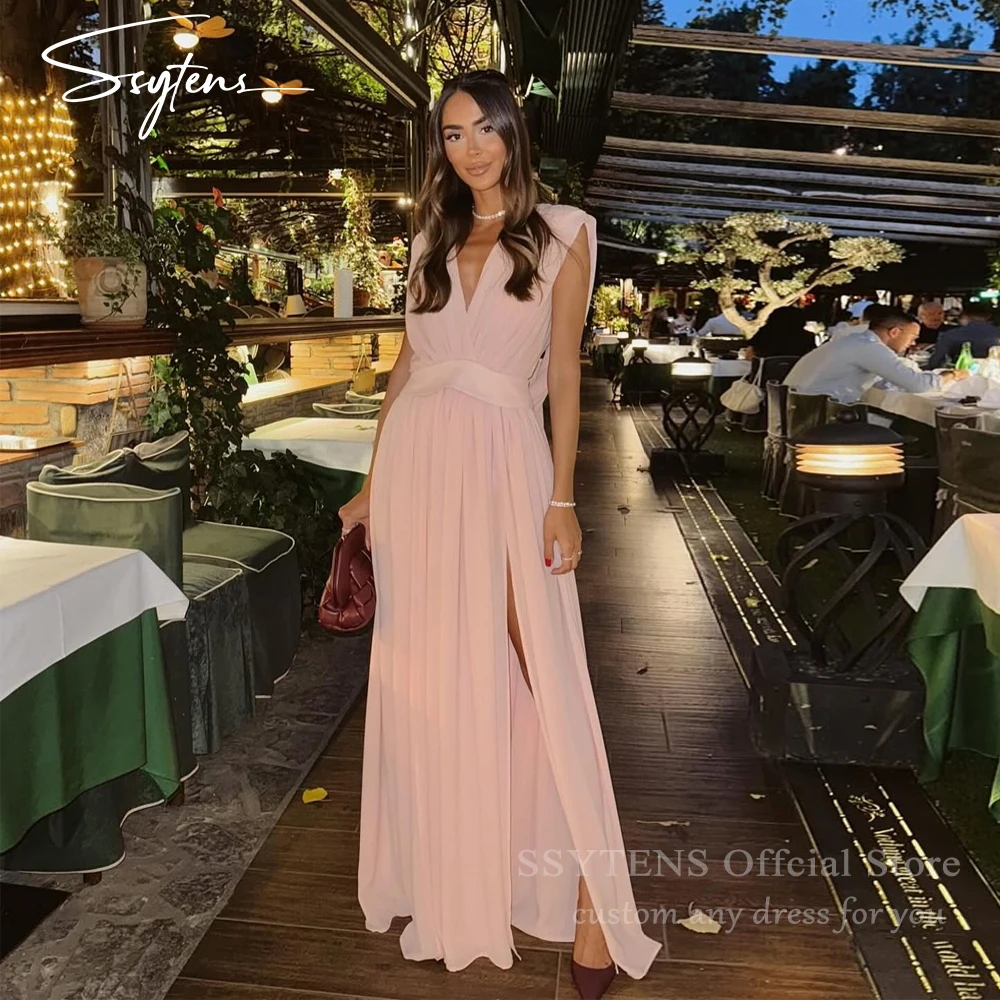

SSYTENS Elegant Pink Chiffon Prom Dresses Side Slit Formal Evening Dress Specail Occasion Wedding Guest Party Gowns Customized
